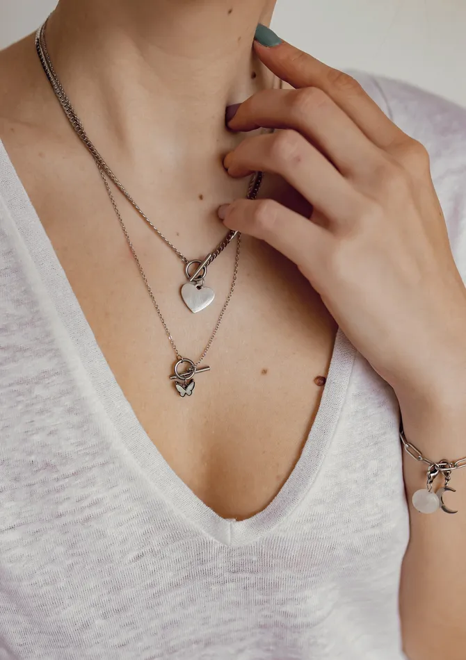 Hey Happiness Necklaces Heart Charm TBar Chain Necklace Silver