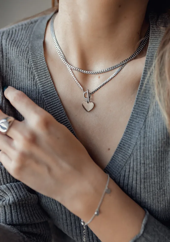 Hey Happiness Necklaces Heart Charm TBar Chain Necklace Silver