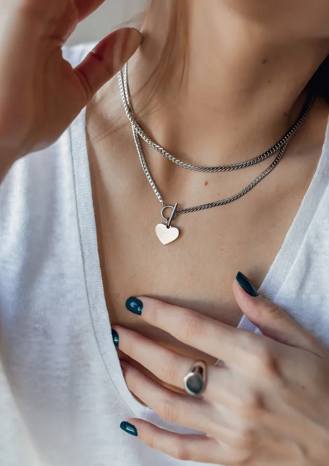 Hey Happiness Necklaces Heart Charm TBar Chain Necklace Silver